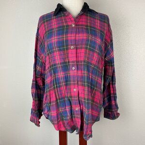 Pre-Owned New Directions Womens Plaid Flannel w/Corduroy Collar Button Down LG
